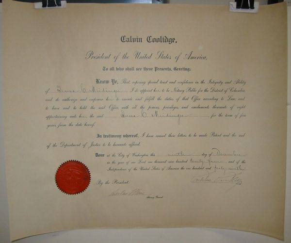 Appraisal: COOLIDGE CALVIN Partly-printed Document Signed as President appointing Teresa C