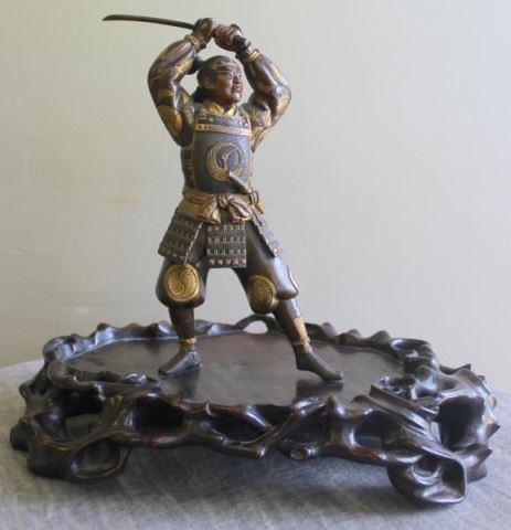 Appraisal: Antique Mixed Patina Bronze Warrior On a Chinese hardwood base