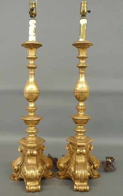 Appraisal: - Pair of Italian style gilt painted wood table lamps