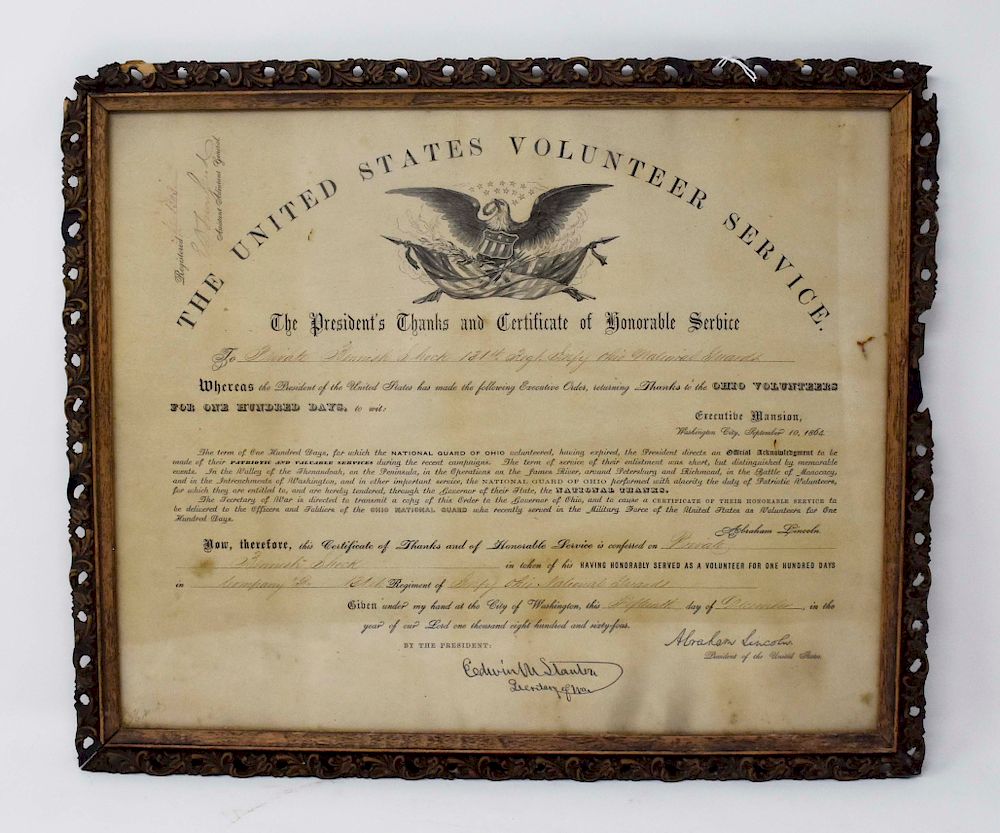 Appraisal: Civil War Discharge with Abraham Lincoln Signature Civil War Discharge