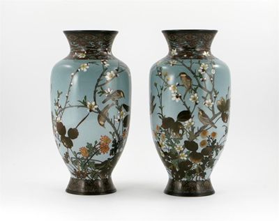 Appraisal: A large pair of Japanese cloisonn vases each decorated with