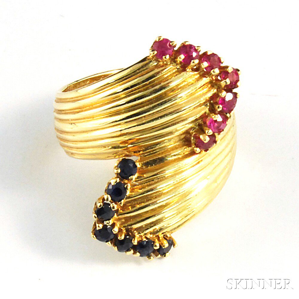 Appraisal: kt Gold Ruby and Sapphire Bypass-style Cocktail Ring the wide