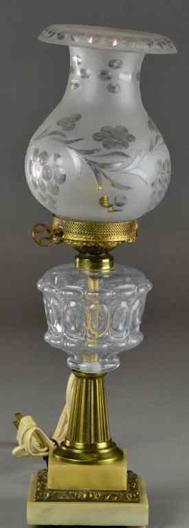 Appraisal: Antique Pressed Glass Gilt Metal Mounted LampOn stepped marble base