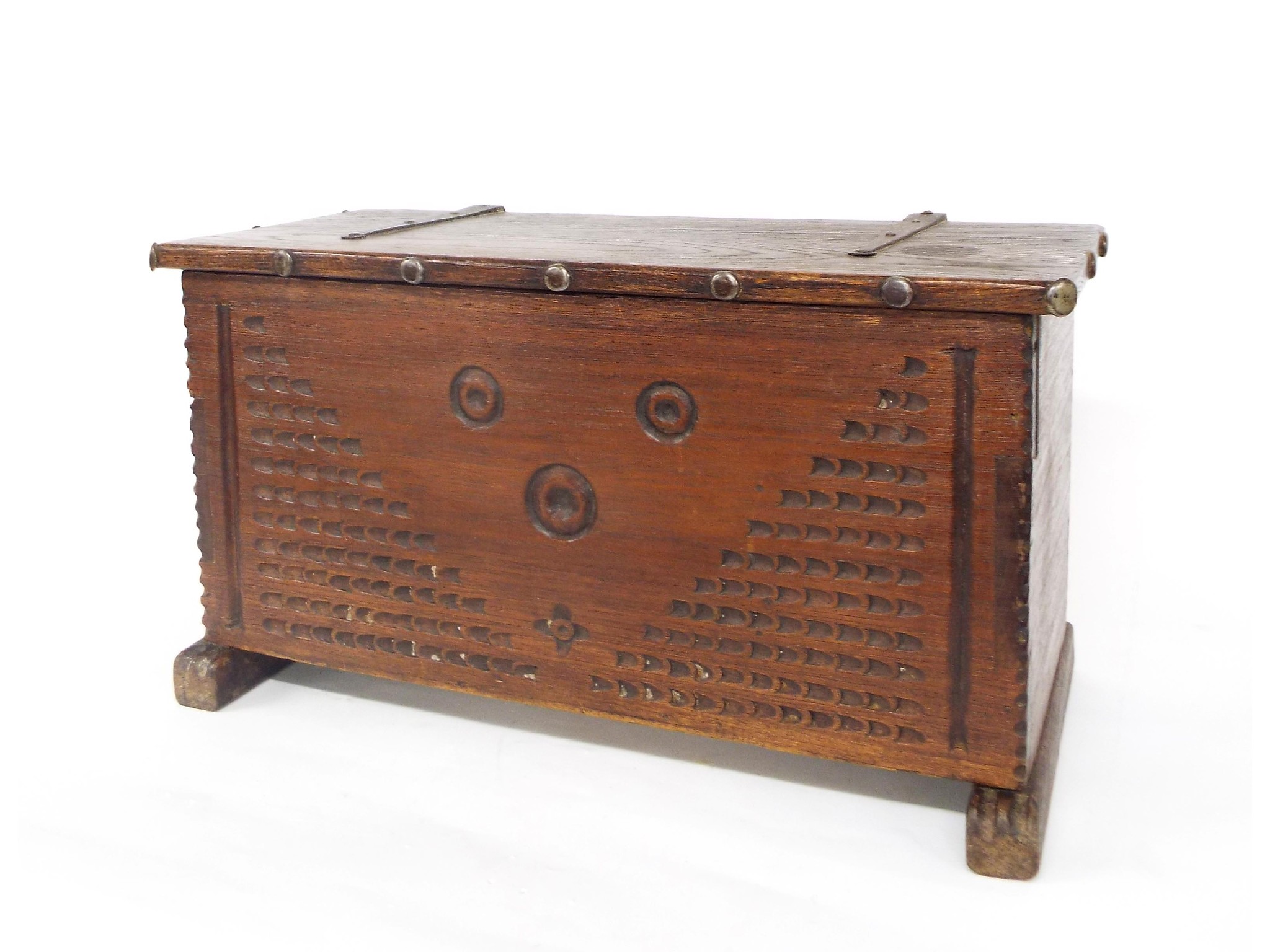 Appraisal: Interesting Continental oak coffer bach with studded decoration to the