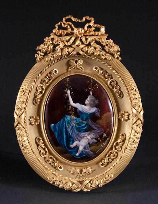 Appraisal: Limoges foil enamel plaque in a rococo style gilt-metal easel-back