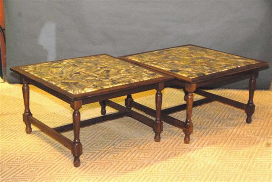 Appraisal: PAIR MODERN WALNUT MARBLE TOP END TABLES H square