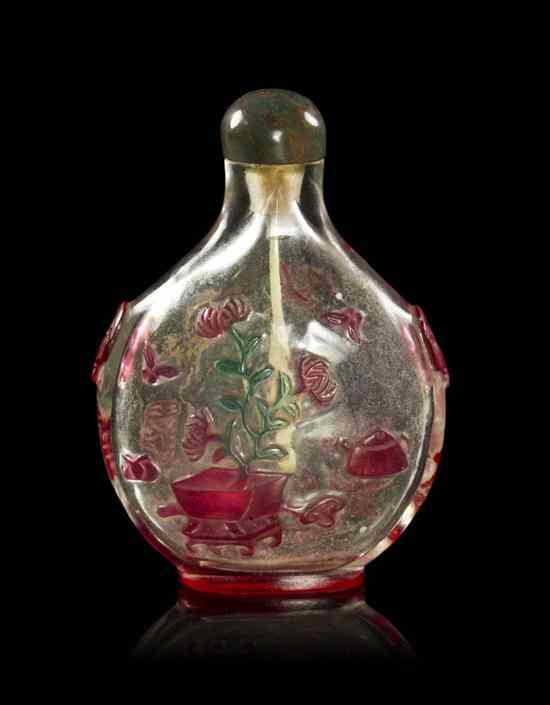 Appraisal: A Peking Glass Overlay Snuff Bottle of compressed flask form