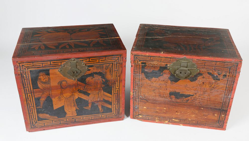 Appraisal: Two Chinese Export Figural Decorated Wood Tea Caddies circa Two