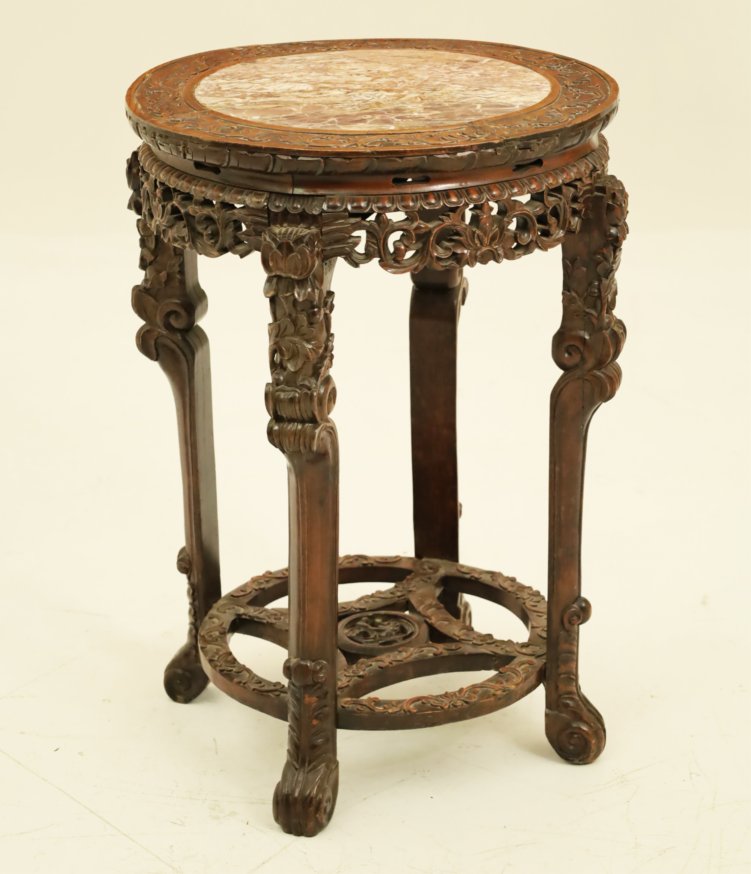 Appraisal: ORIENTAL CARVED TEAKWOOD STAND W MARBLE INSET TOP Oriental carved