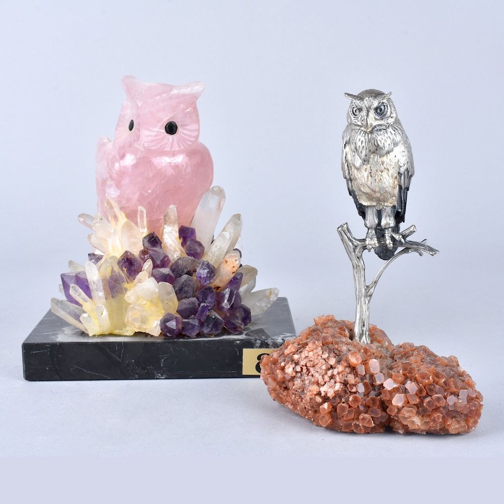 Appraisal: Two Vintage Owl Sculptures Vintage Ebano Carved Rose Quartz Amethyst