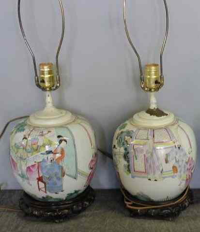 Appraisal: A Pair of Asian Porcelain Lamps Possibly old ginger jars