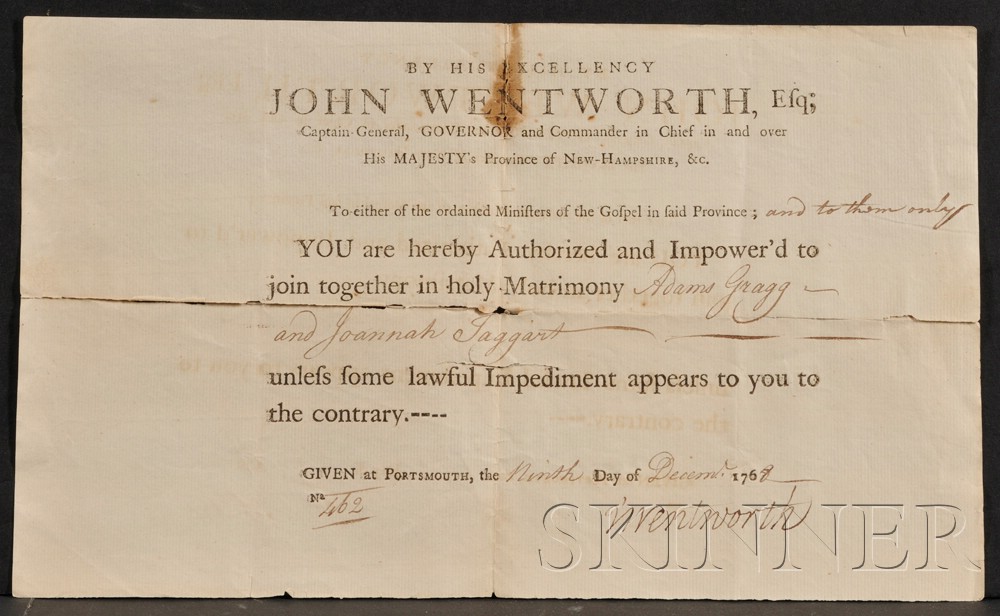 Appraisal: New Hampshire Colonial Wentworth John - Signed document December th