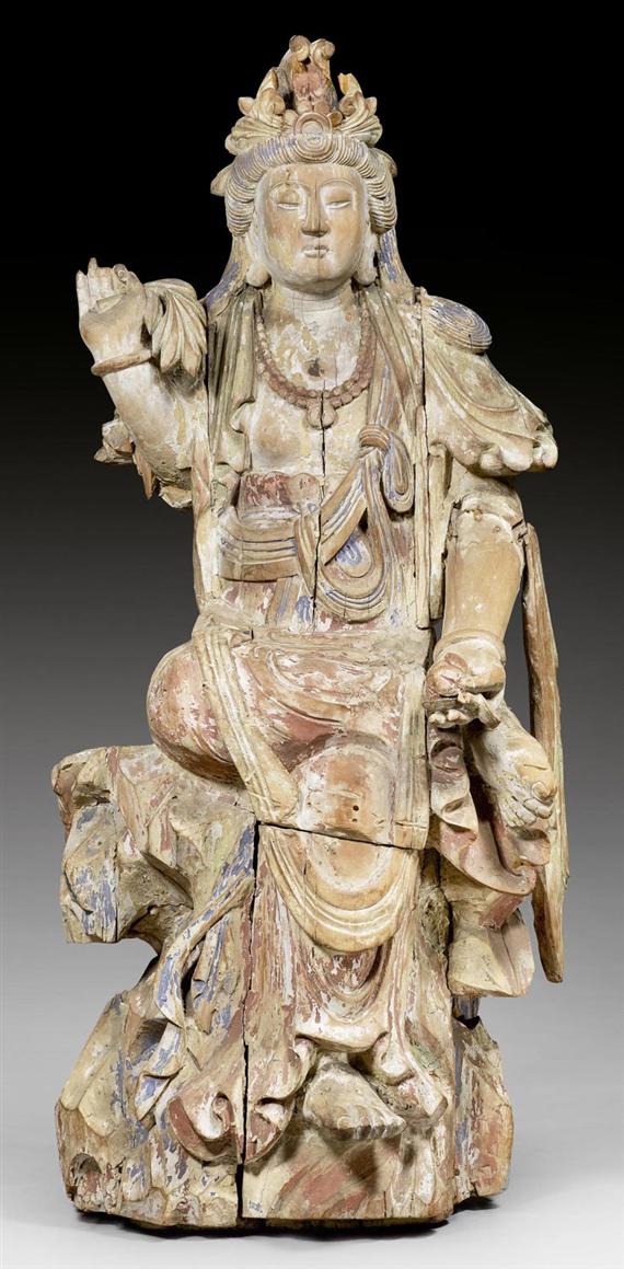 Appraisal: A WOOD FIGURE OF THE SEATED BODHISATTVA GUANYIN China th