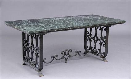 Appraisal: BAROQUE-STYLE WROUGHT IRON TRESTLE TABLE WITH VERDE ANTICO MARBLE TOP