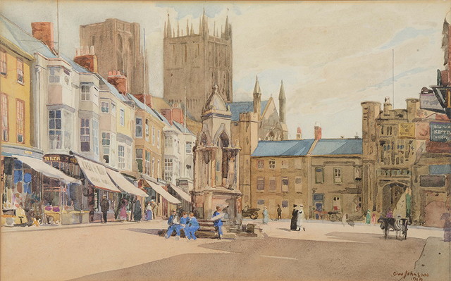 Appraisal: C W JOHNSONStreet scene looking towards the cathedral at Wells