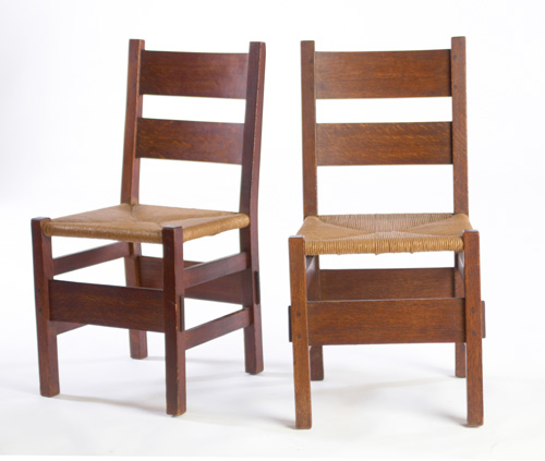 Appraisal: GUSTAV STICKLEY Pair of sidechairs with two wide horizontal backslats