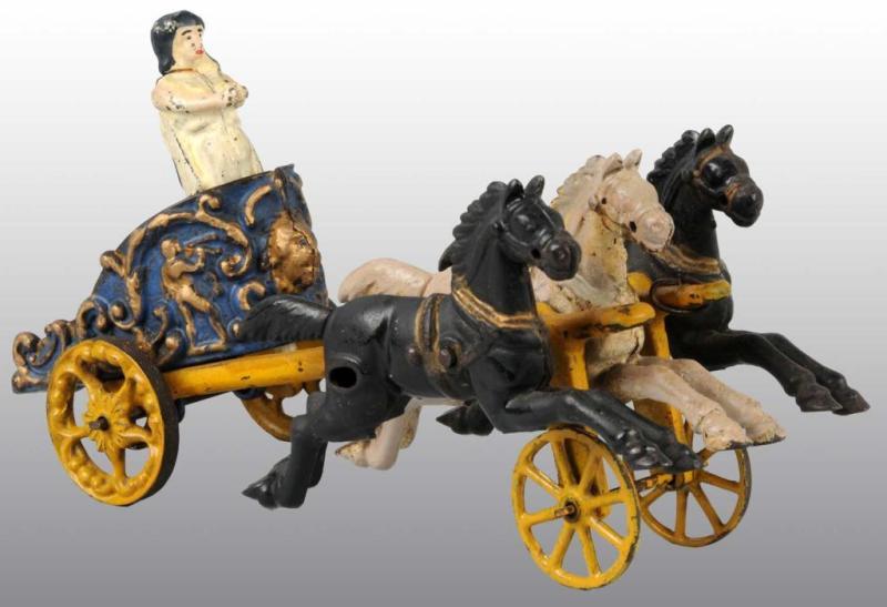 Appraisal: Cast Iron Hubley Three Horse-Drawn Chariot Toy Description Pulled by