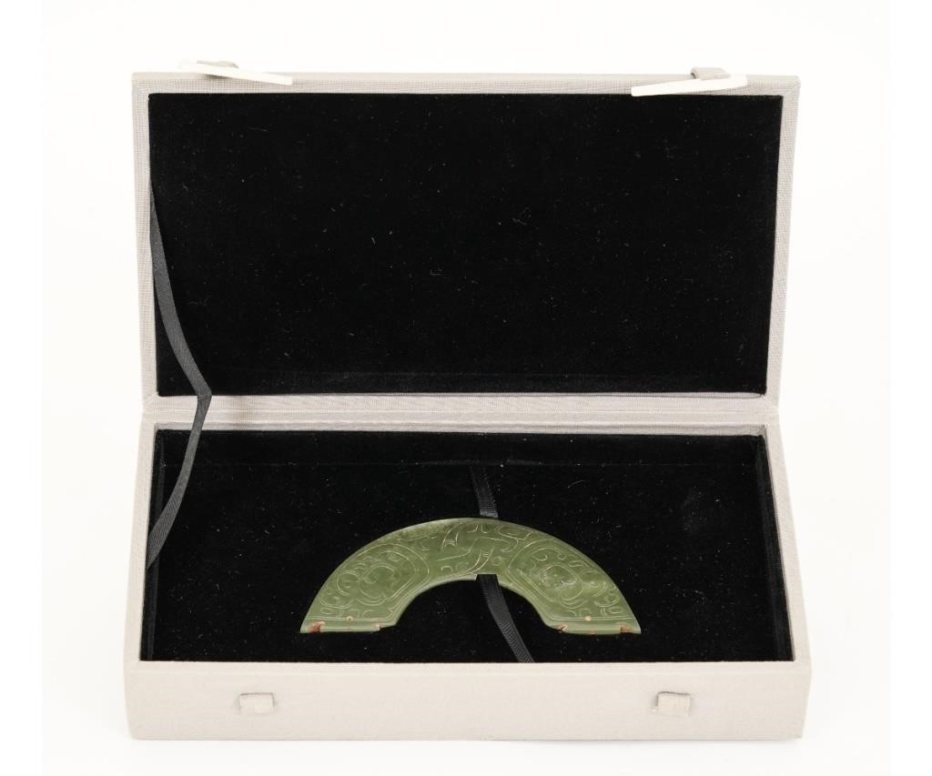 Appraisal: Boxed Chinese green crescent-shaped jade carving Box h x w