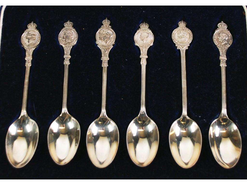 Appraisal: SET OF SIX ROYAL COMMEMORATIVE TEASPOONS with portrait CAMEO DISC