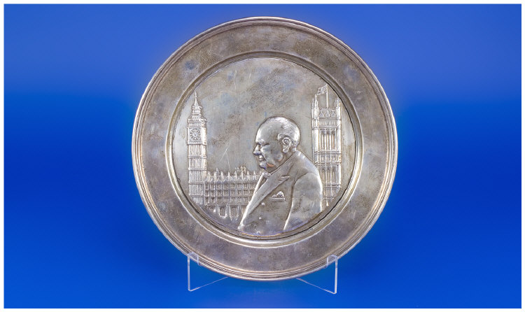 Appraisal: Silver Salver With Embossed Image Showing Winston Churchill And The