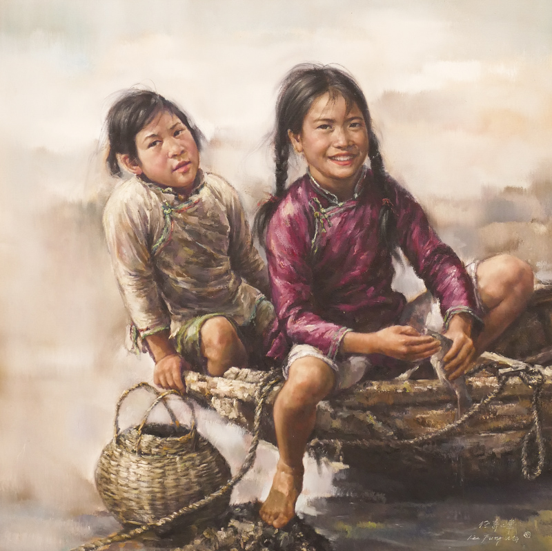 Appraisal: Kee Fung Ng b Chinese ''Little Girls with Baskets'' Oil