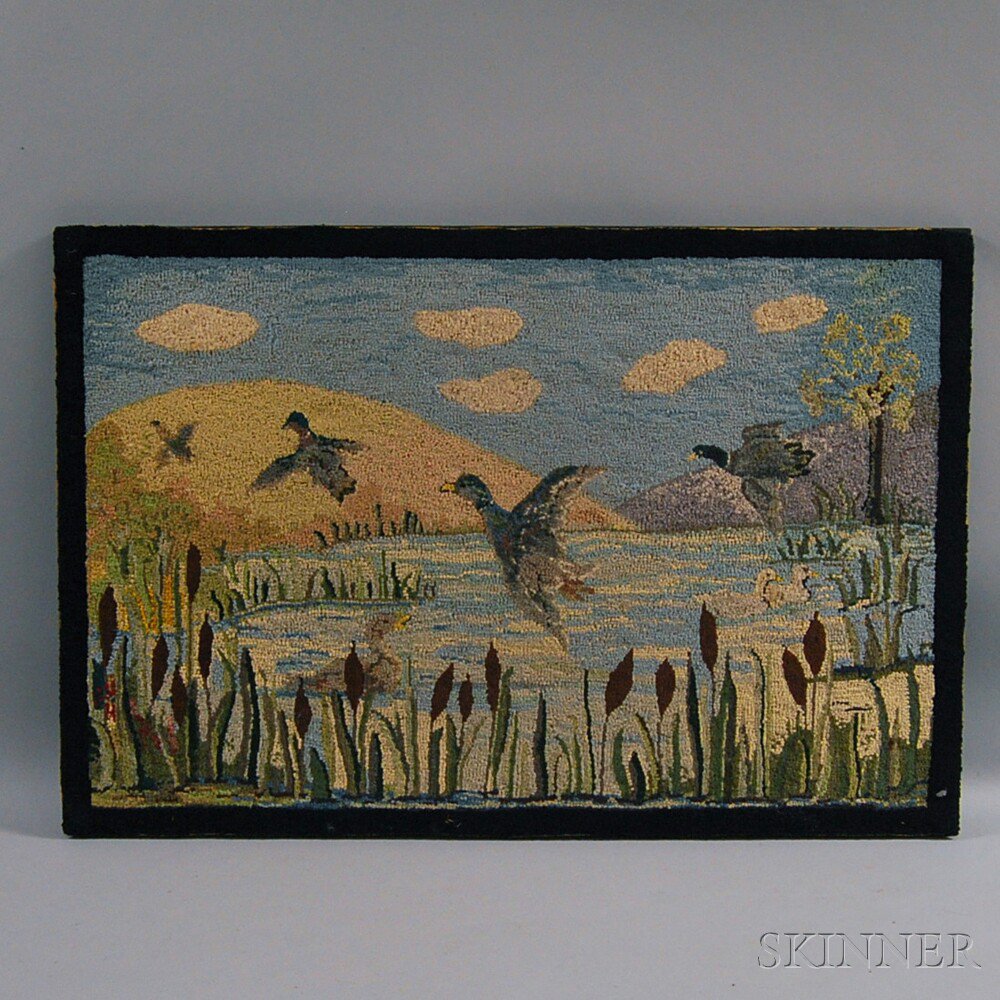 Appraisal: Pictorial Hooked Rug of Ducks Rising From a Marsh reportedly