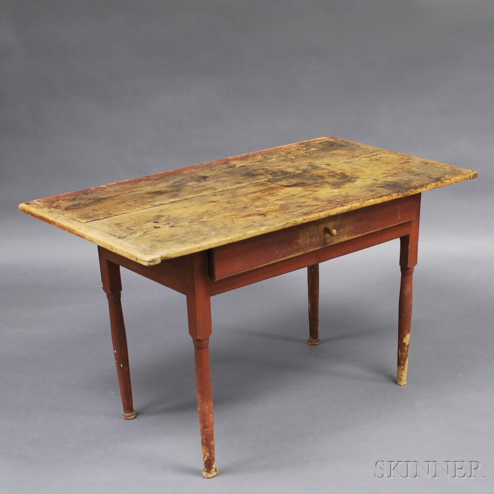 Appraisal: Country Red-painted One-drawer Tavern Table New England the overhanging rectangular