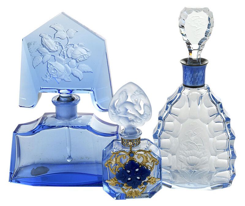 Appraisal: Three Art Glass Blue Perfume Bottles probably Czech th century