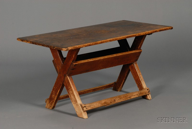 Appraisal: Small Brown-painted Pine Sawbuck Table New England early th century