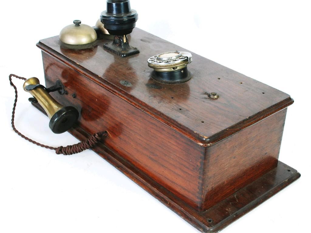 Appraisal: CIRCA 's OAK CASED WALL MOUNTING TELEPHONE RECEIVER with fixed