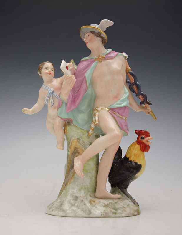 Appraisal: PORCELAIN FIGURE OF MERCURY ROOSTER AND CUPID Cupid passing a