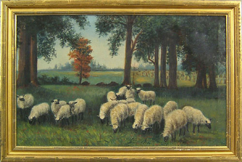 Appraisal: American oil on canvas primitive landscape with sheep ca x