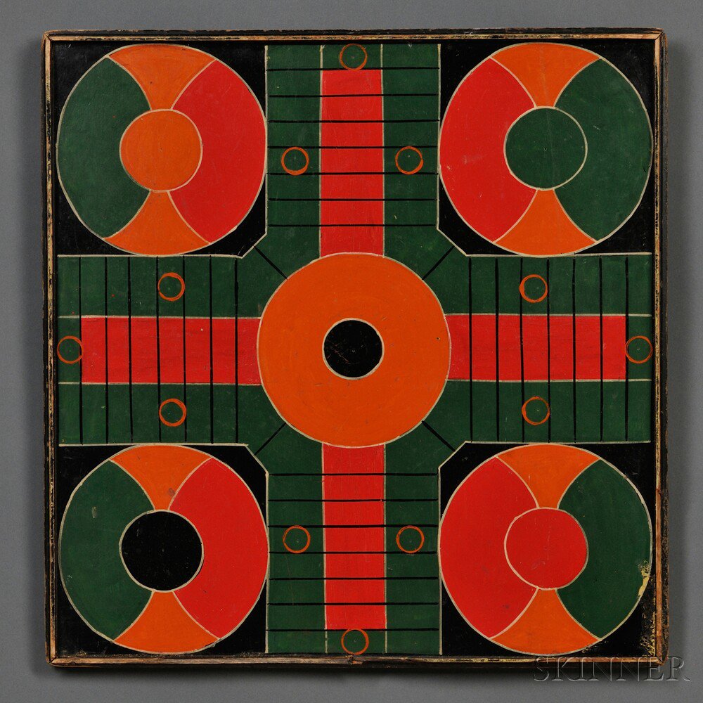 Appraisal: Polychrome-painted Parcheesi Game Board America late th century square panel