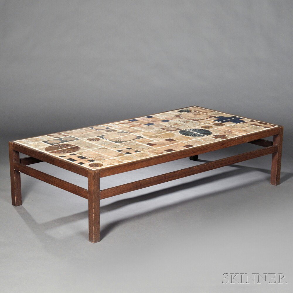 Appraisal: Mid-Century Modern Tile-top Coffee Table Pottery oak Rectangular top with