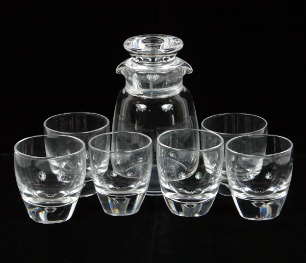 Appraisal: Steuben glass cocktail set shaker with trapped bubble stopper along