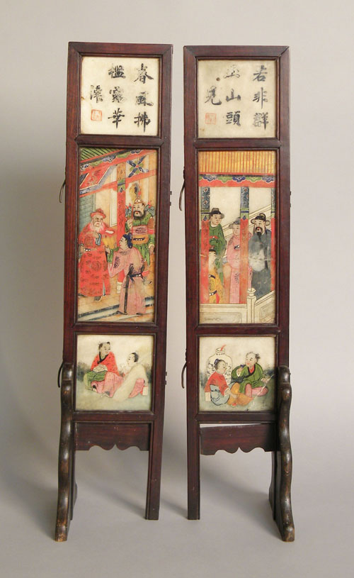 Appraisal: Pair of Chinese painted hardstone table screens ca h