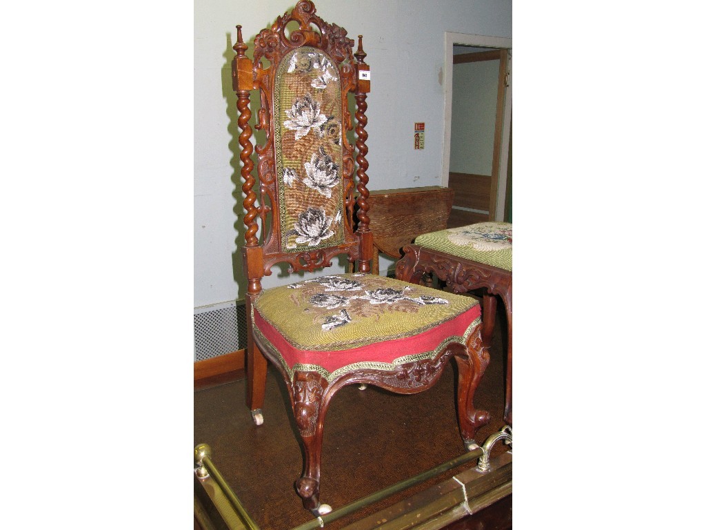 Appraisal: Carved walnut and beadwork upholstered hall chair