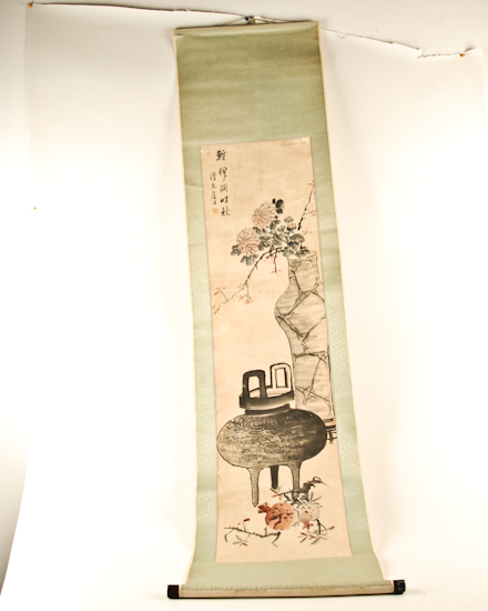 Appraisal: Japanese Scroll Painting circa depicting incence burner and floral sprig