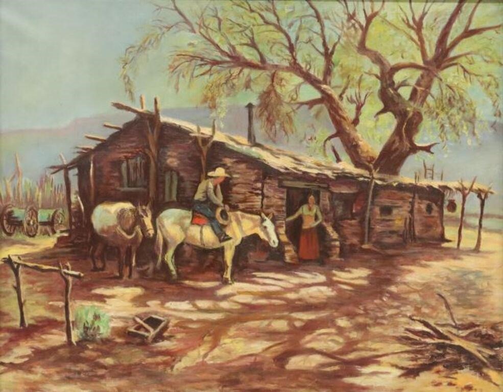 Appraisal: Framed oil on canvas painting Texas Cabin Scene with Rider