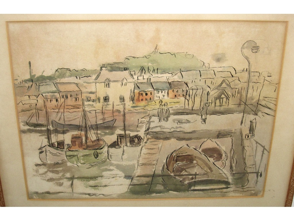 Appraisal: Pen and wash drawing of a harbour unsigned