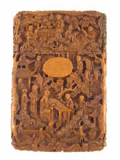 Appraisal: A Chinese hardwood card case finely carved with rural scenes