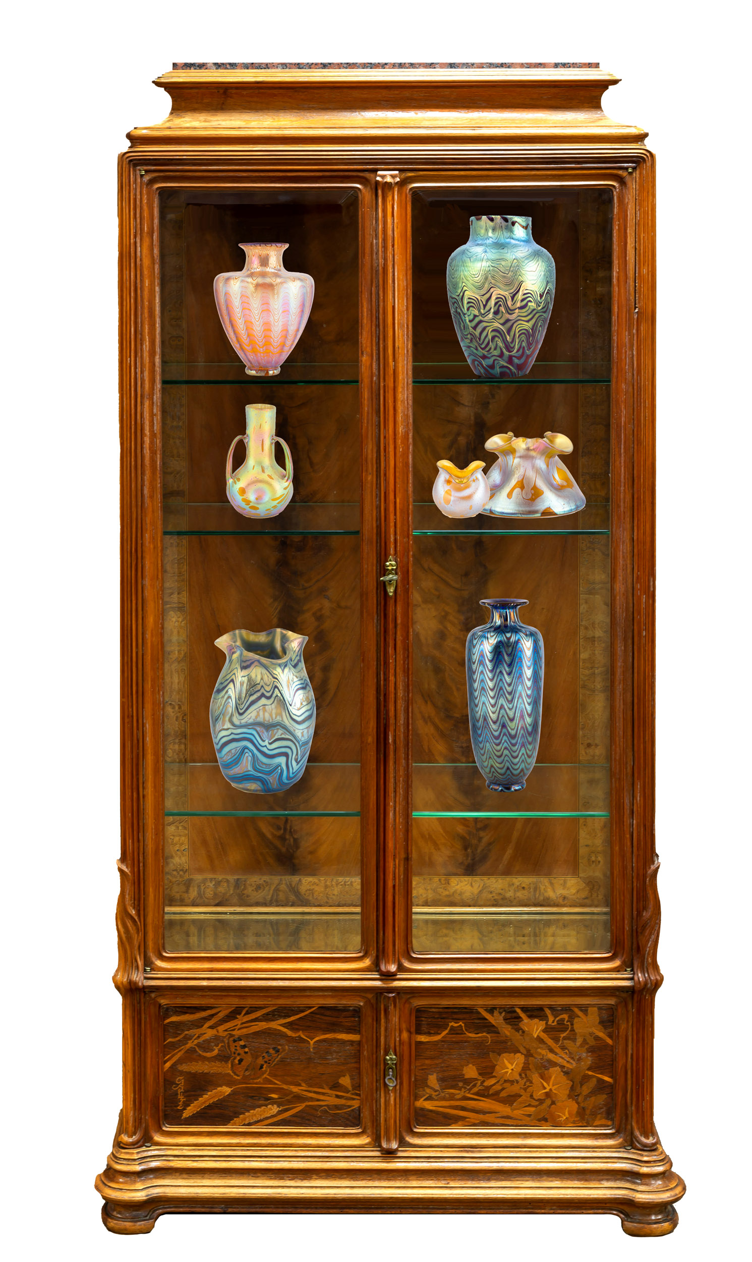 Appraisal: EMILE GALLE FRENCH - MARQUETRY VITRINE Mahogany with marble top