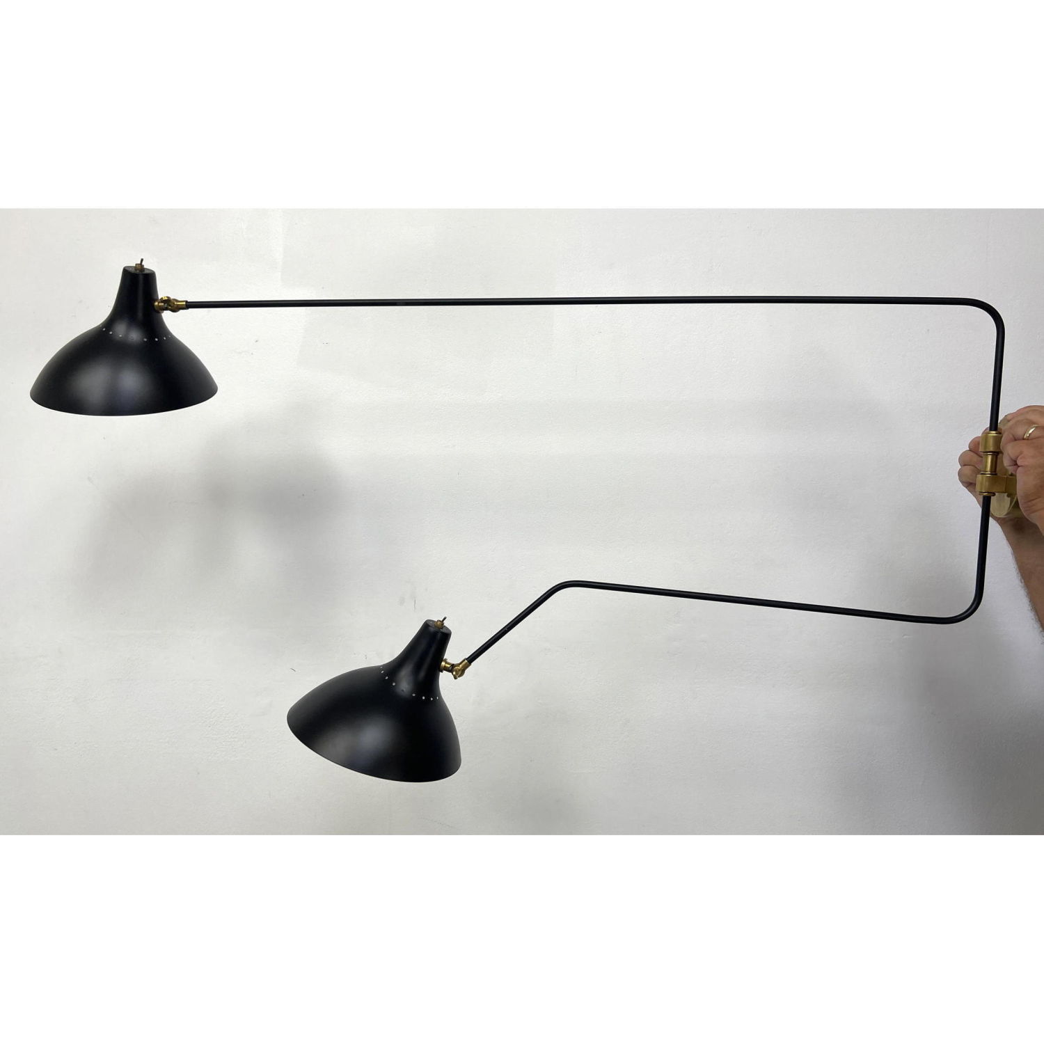 Appraisal: Serge Mouille Repro Two Arm Shade Wall Lamp Brass Wall