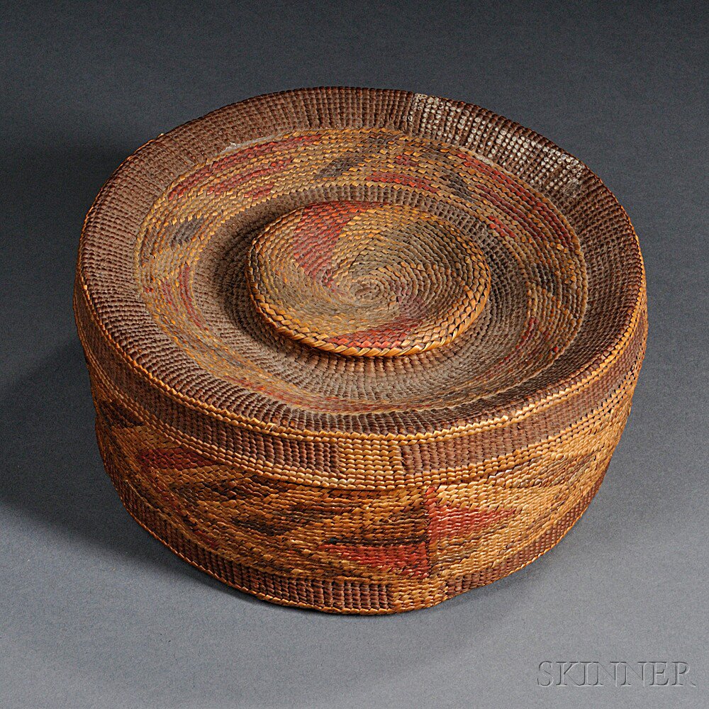 Appraisal: Tlingit Polychrome Twined Rattletop Basket damage repairs ht dia in