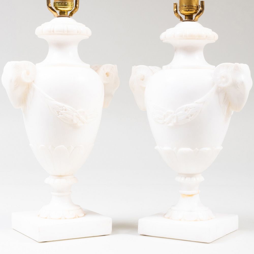 Appraisal: Near Pair of Neoclassical Style Alabaster Urn-Form Lamps in x