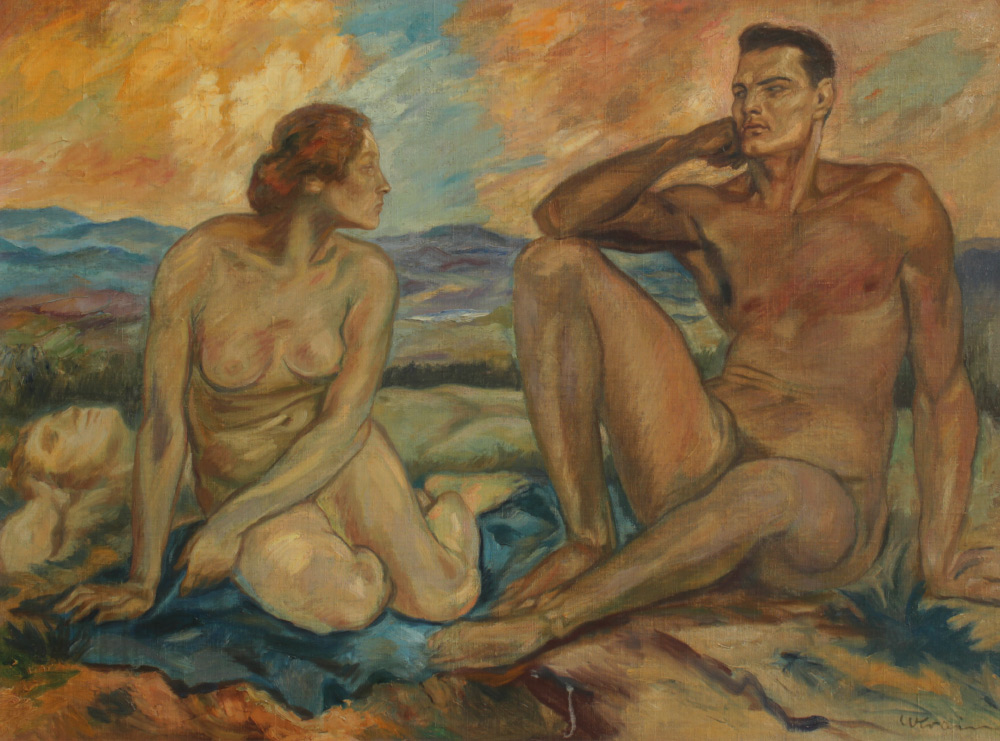 Appraisal: LARGE MODERNIST BATHERS PAINTING ILLEGIBLY SIGNED Oil Canvas '' x