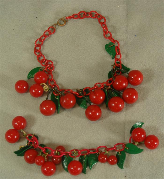 Appraisal: Red bakelite cherry bracelet and necklace loose cherries l Estimate