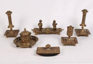 Appraisal: PIECE FRENCH BRONZE EMBOSSED DESK SET PIECE FRENCH BRONZE EMBOSSED