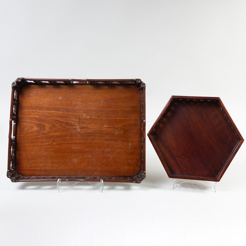 Appraisal: Chinese Hardwood Rectangular Tray Together with a hexagonal tray The