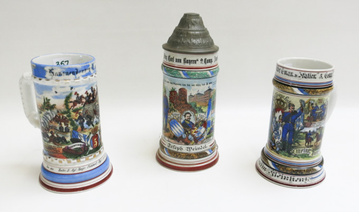 Appraisal: THREE GERMAN PORCELAIN REGIMENTAL LITHOPHANE STEINS one with original pewter